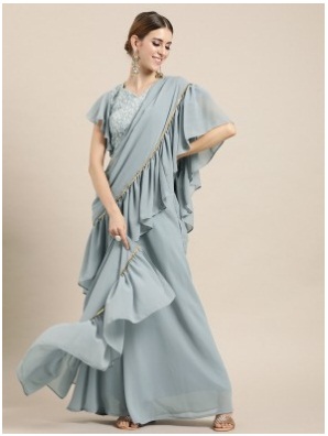 Blue Solid Poly Georgette Ruffled Ready to Wear Palazzo Saree